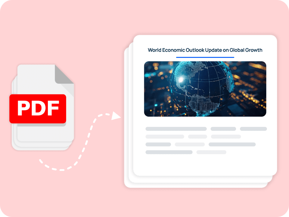 An illustration representing the transformation from PDF to an online course, featuring a document icon with a play button emerging from it, surrounded by education-related symbols.