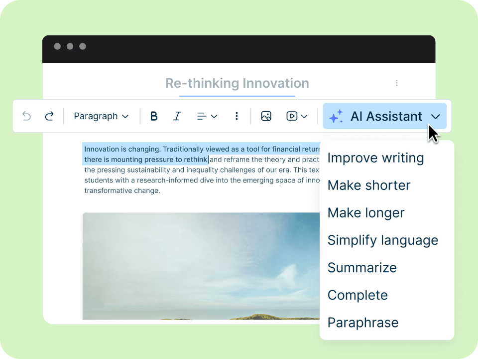 An illustration of a text editor interface with adjustable content blocks and editing tools—symbolizing seamless in-editor text refinement and instant updates across pages.