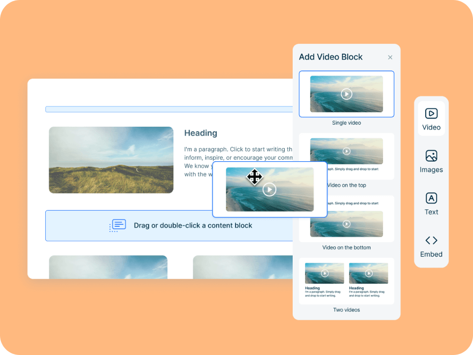 An illustration showing a person collaborating with AI to build a course using a drag & drop editor—emphasizing human creativity alongside AI in simplified e-learning creation.