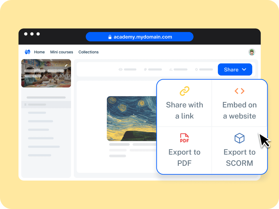 An illustration depicting multiple course sharing options—link sharing, webpage embedding, SCORM, and PDF export—symbolizing full control over course access and distribution.