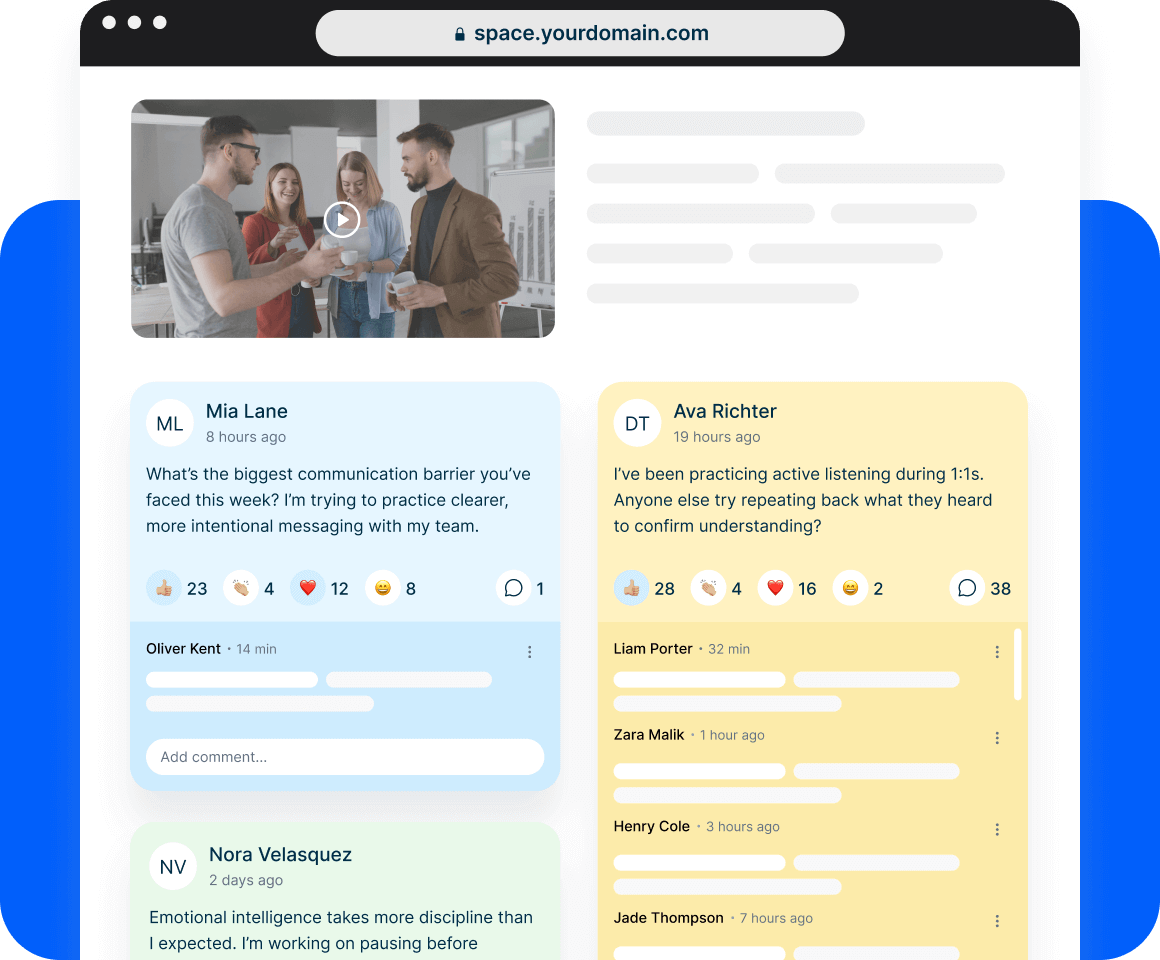 Screenshot of an aesthetic, collaborative discussion board embedded in a lesson page in a course, showing learner interaction within a social learning LMS.