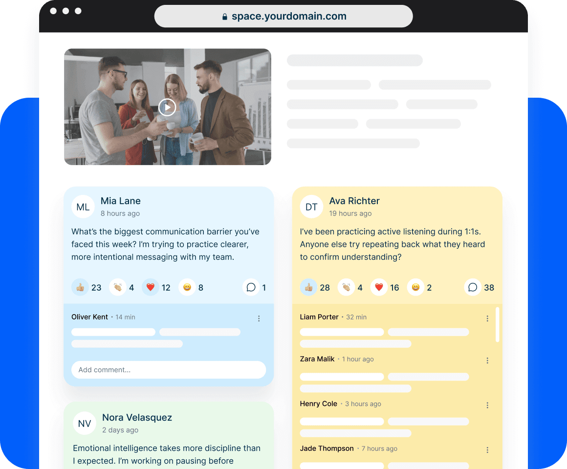 Screenshot of an aesthetic, collaborative discussion board embedded in a lesson page in a course, showing learner interaction within a social learning LMS.