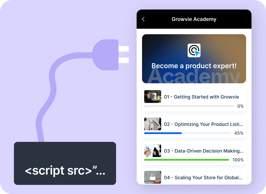 Code snippet example showing how to embed the headless LMS widget script.