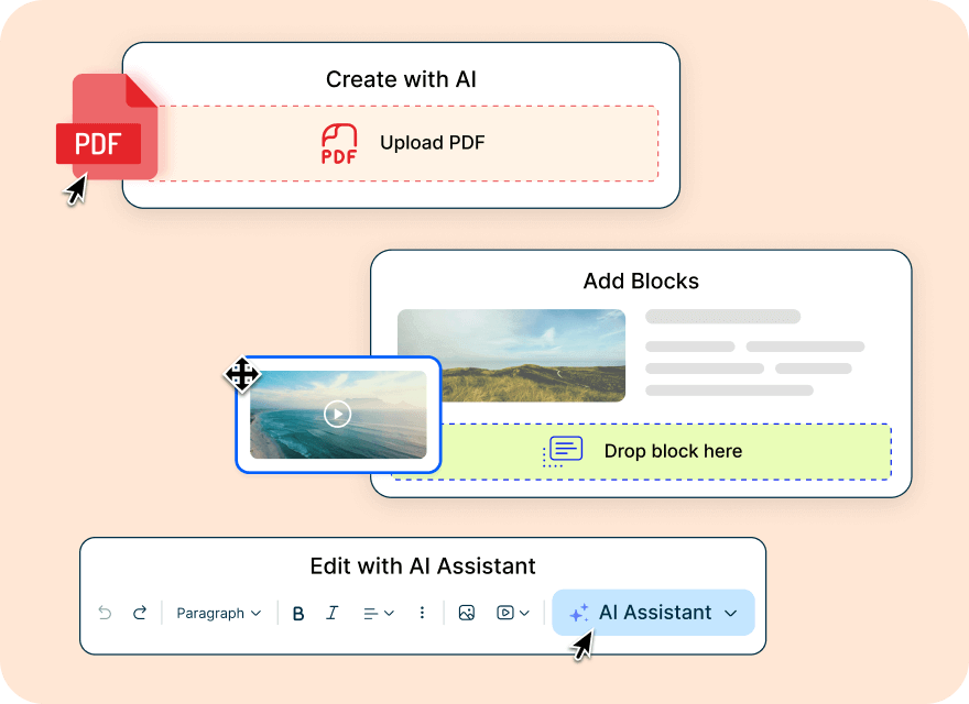 Mini Course Generator's AI course creator interface showing drag and drop features.