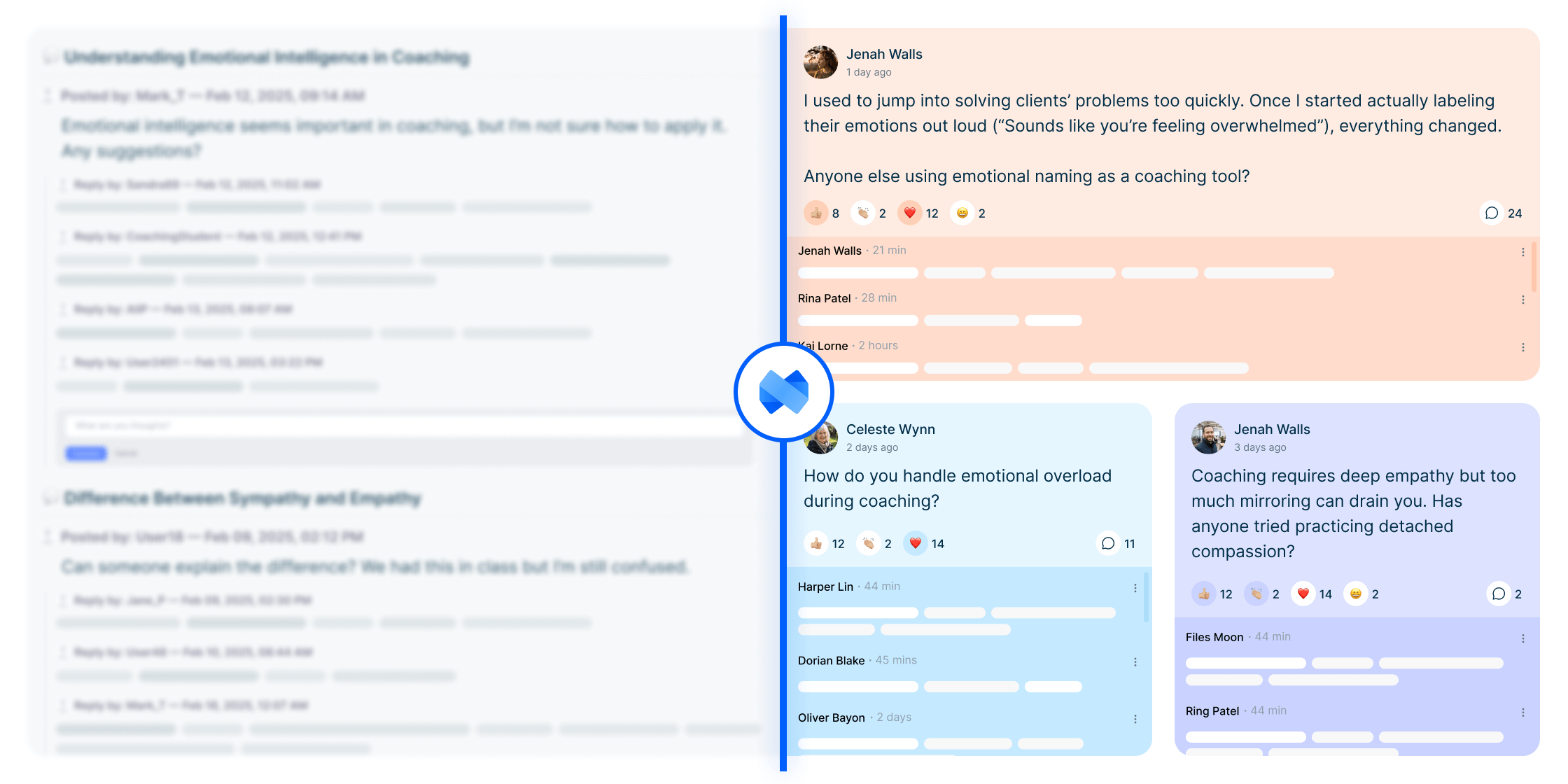 A side-by-side comparison showing a boring text-based forum versus Mini Course Generator's colorful, online bulletin board like layout
