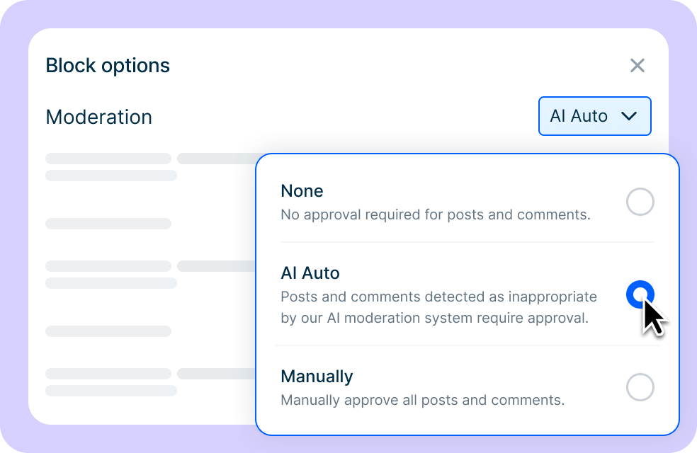 Screenshot of the settings menu showing options for No Moderation, AI Moderation, and Manual Moderation.