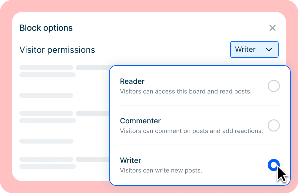 Interface showing learner role selection with Writer, Commenter, and Viewer permission settings