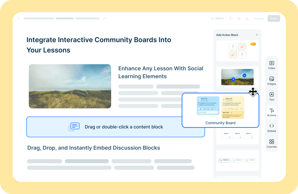 A course card showing a video lesson with a collaborative discussion board embedded directly below it.