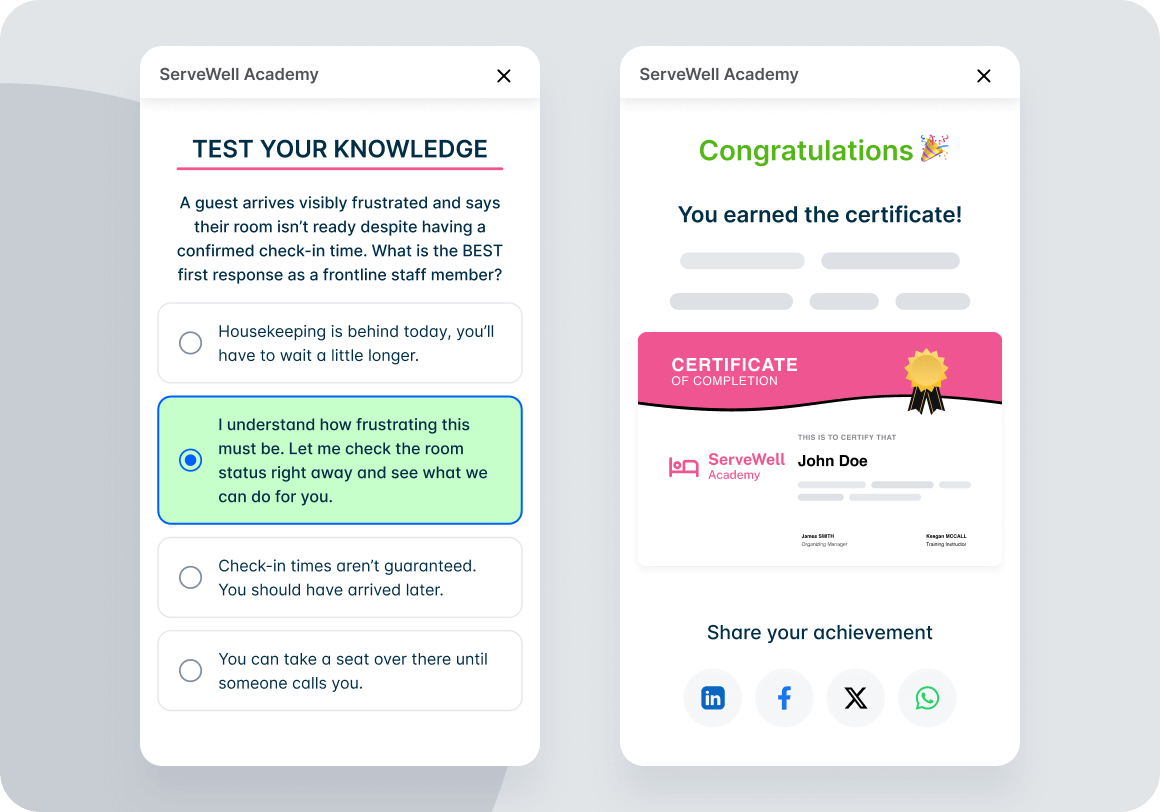 Frontline hospitality staff completing interactive training quiz on mobile device