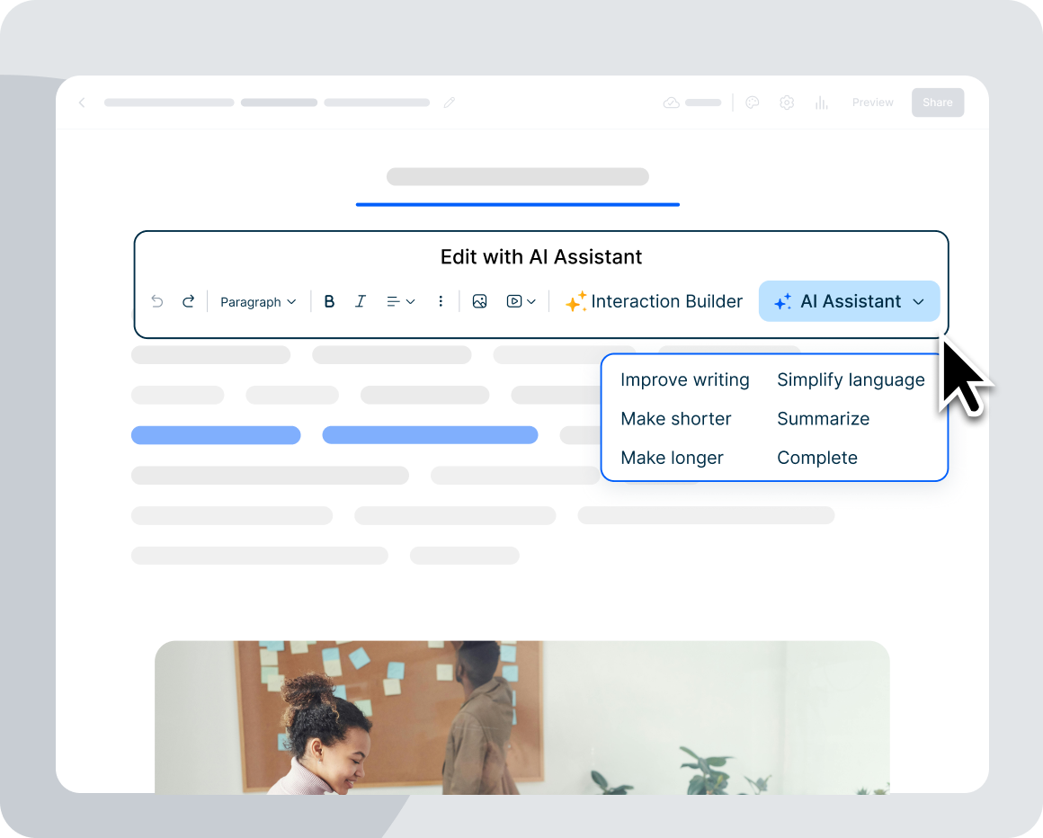 AI course assistant interface showing edit options like improve writing simplify language and summarize