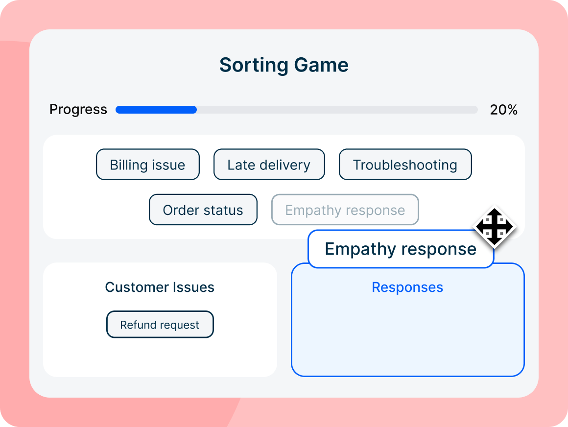 Interactive sorting game quiz for call center agent training engagement