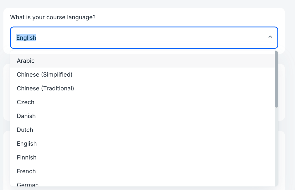 Dropdown menu asking “What is your course language?” with “English” selected. Other languages listed include Arabic, Chinese (Simplified), Chinese (Traditional), Czech, Danish, Dutch, Finnish, French, and German.
