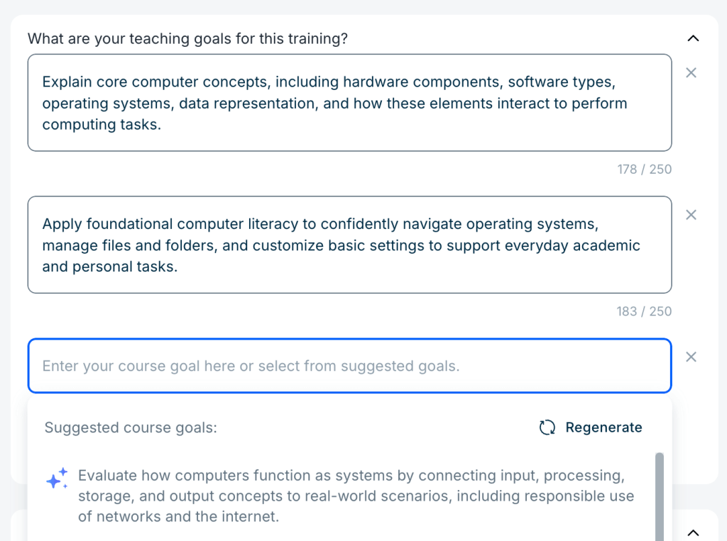 Section asking “What are your teaching goals for this training?” Two filled text boxes include goals: explaining core computer concepts and applying computer literacy. A third empty field is available with suggested goals shown below.