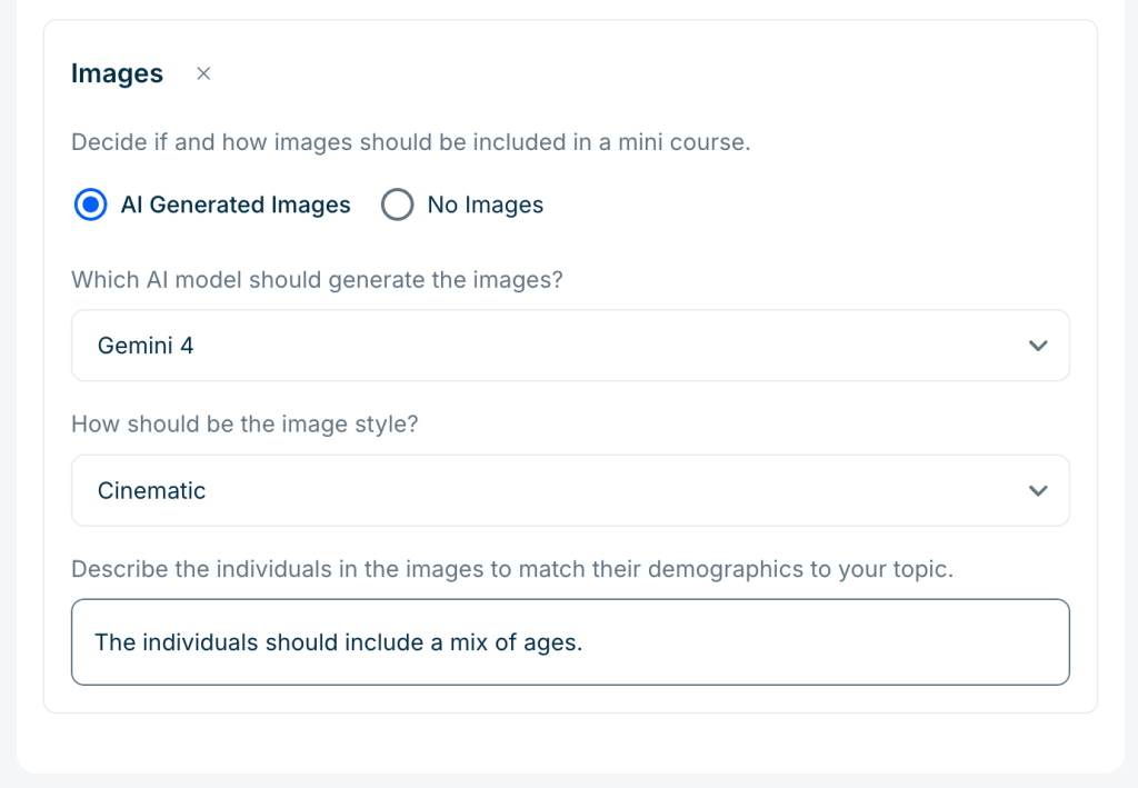 Customization options for the mini-course. Quiz set to include 5 questions, survey set to include 1 feedback question. Image options allow either “AI Generated Images” or “No Images,” with “No Images” currently selected.