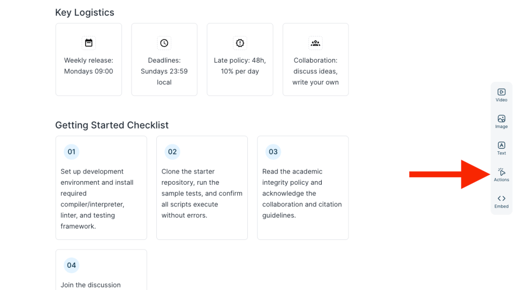 Course editor interface with right-side menu highlighting the Actions group for adding interactive blocks in Mini Course Generator.