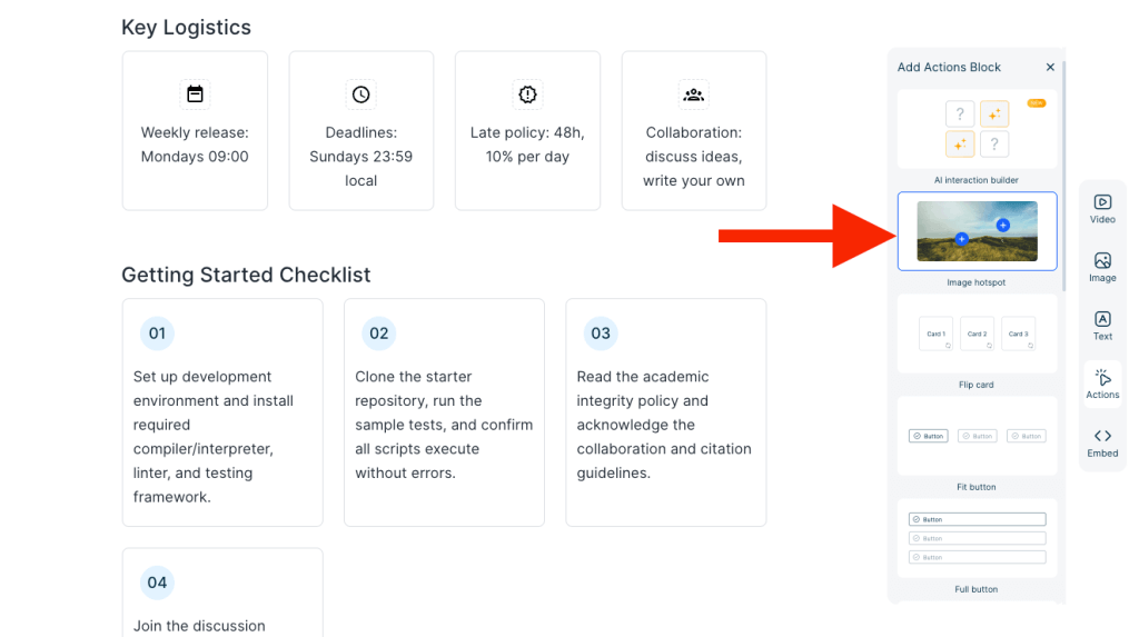 Selecting the Image Hotspot block from the Actions section in Mini Course Generator editor.