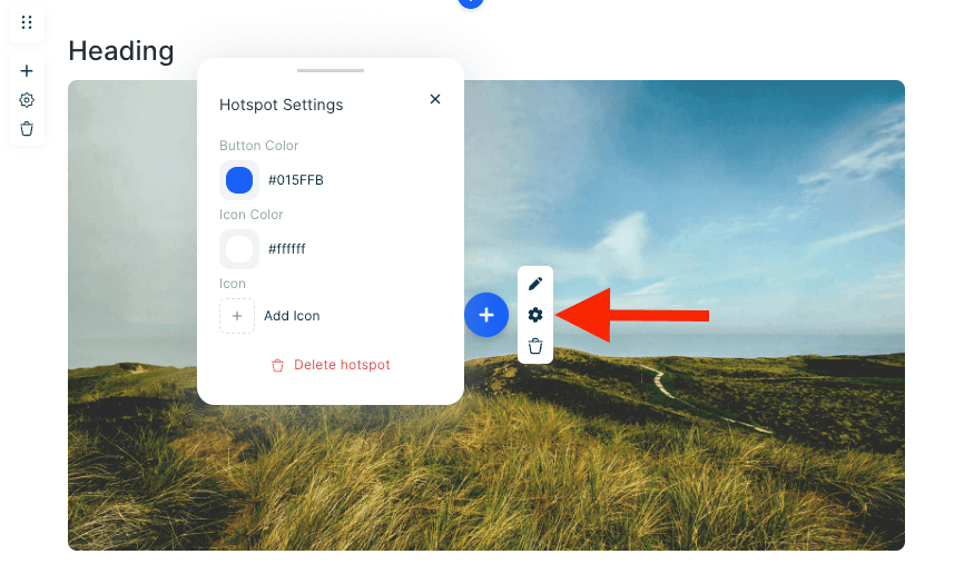 Hotspot settings panel in Mini Course Generator showing options to customize button color, icon color, and icon type.