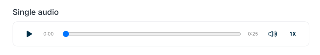 Audio player interface labeled “Single audio” showing a 25-second playback bar with play, volume, and speed controls.