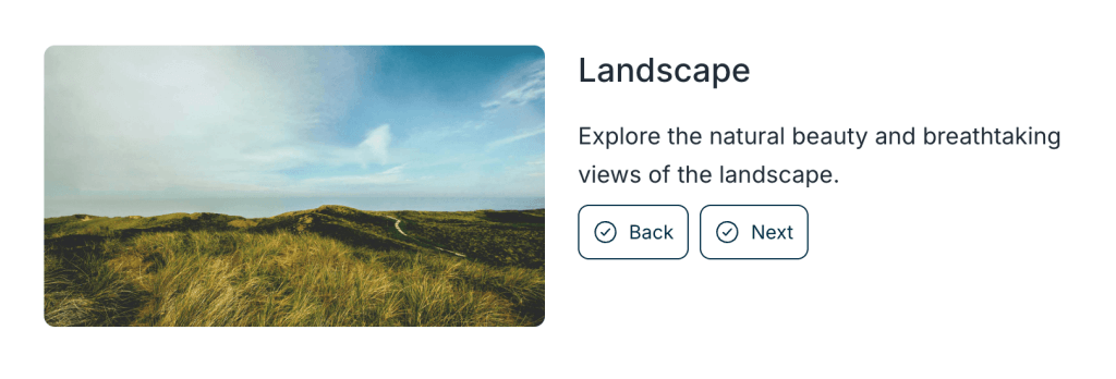 Course block with a scenic landscape image of grassy hills and sky, titled “Landscape” with text encouraging exploration of natural beauty and two buttons labeled Back and Next.