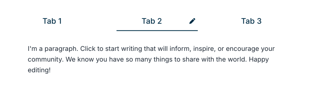 abbed content interface with three tabs labeled Tab 1, Tab 2, and Tab 3 arranged horizontally, displaying placeholder paragraph text beneath the selected tab.