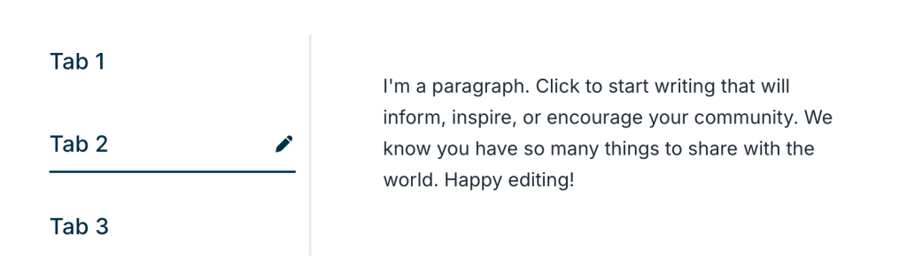 Vertical tab interface with three tabs listed on the left and placeholder paragraph content on the right for the selected tab, showing Tab 2 as active with an edit icon.