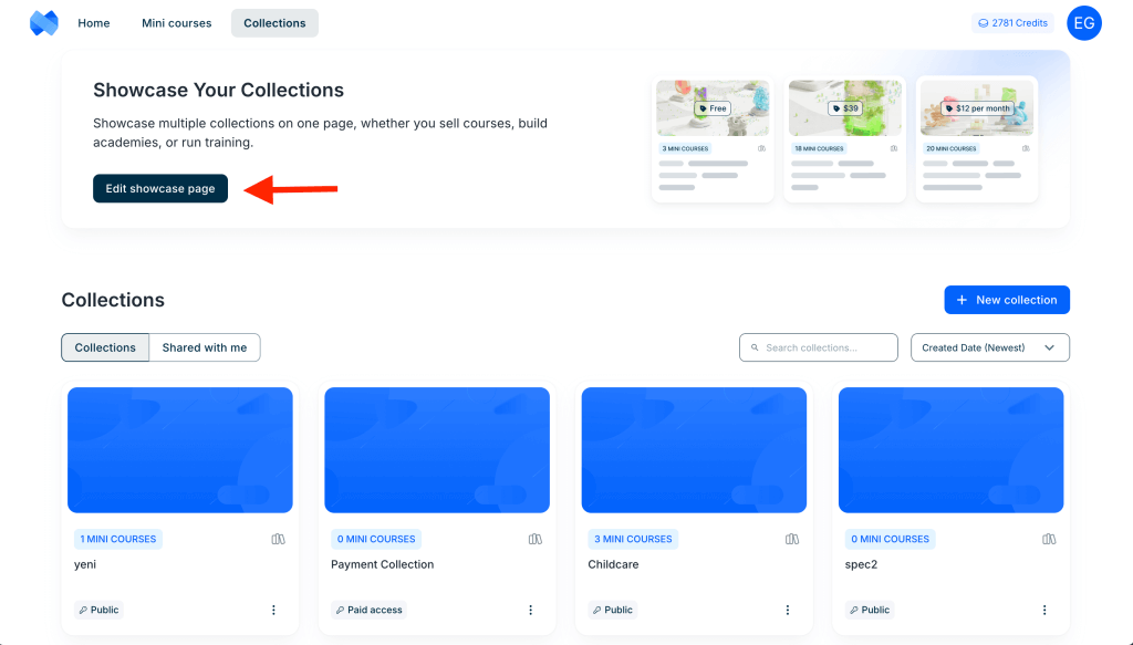Collections dashboard screen inside Mini Course Generator. A banner at the top allows users to showcase multiple collections on one page with an “Edit showcase page” button highlighted by a red arrow. Below, several collection cards are displayed in a grid, showing mini course counts, titles, and access status.